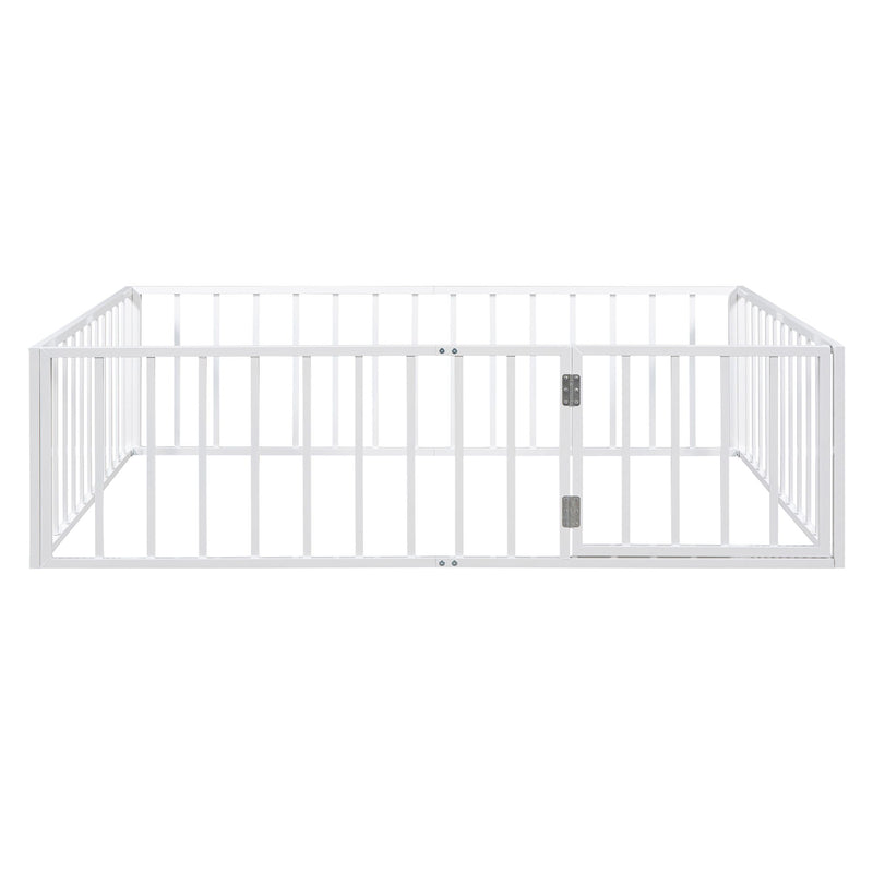 Metal Floor Bed Frame With Fence And Door - Black