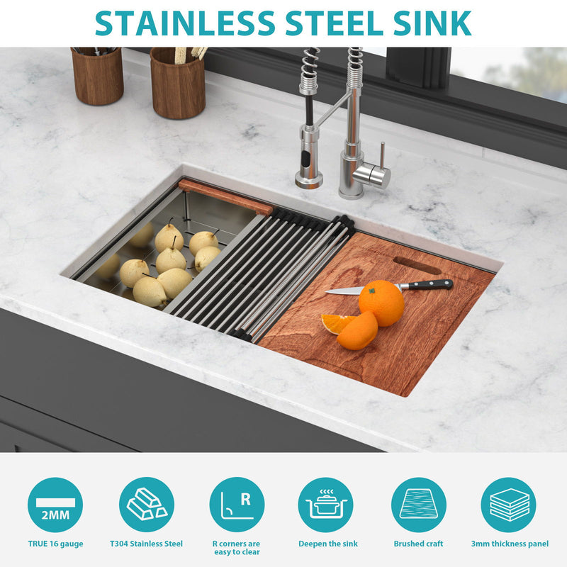 Undermount Workstation Kitchen Sink Stainless Steel Single Bowl