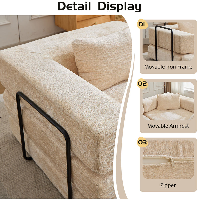 Convertible Floor Sofa Bed With Fixed Shape Frame, Boneless Modular Sectional Sofa, For Living Room - Beige