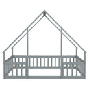Full Wood House-Shaped Floor Bed with Fence, Guardrails,Grey