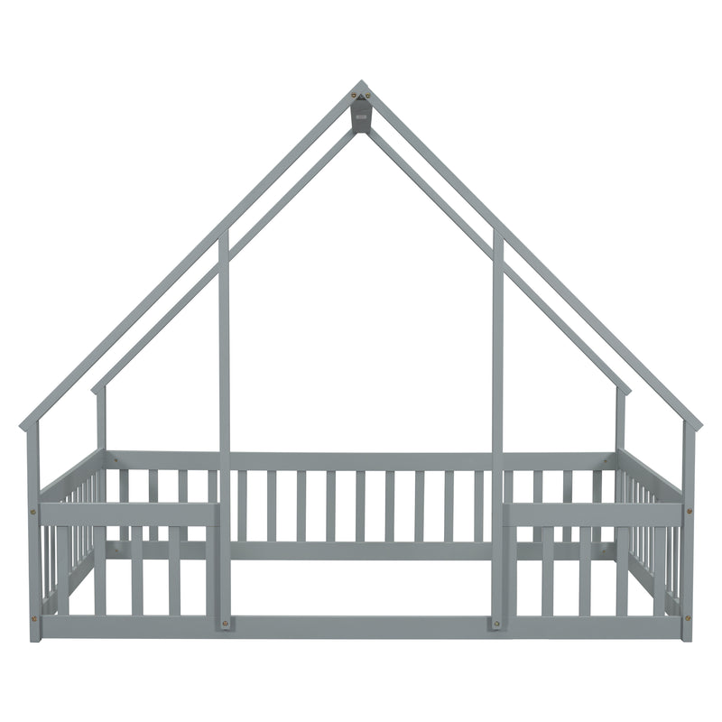 Full Wood House-Shaped Floor Bed with Fence, Guardrails,Grey