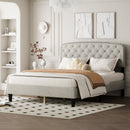Queen size Adjustable Headboard with Fine Linen Upholstery and Button Tufting for Bedroom,  Wave Top  cream White