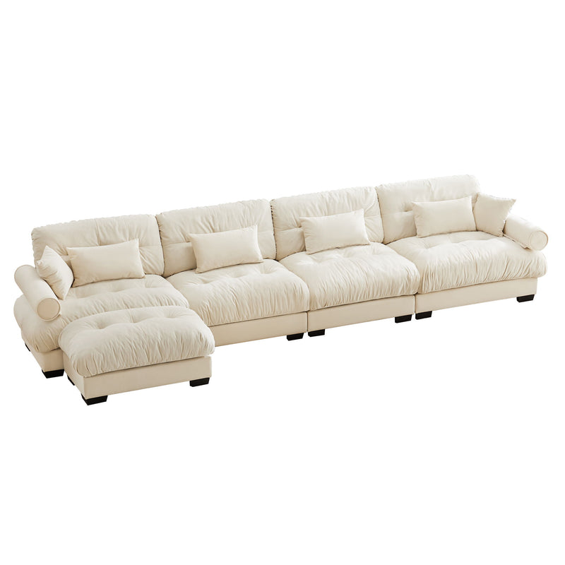 Modern Sectional Sofa With Ottoman, Round Bolster Armrests, Waist And Throw Pillows