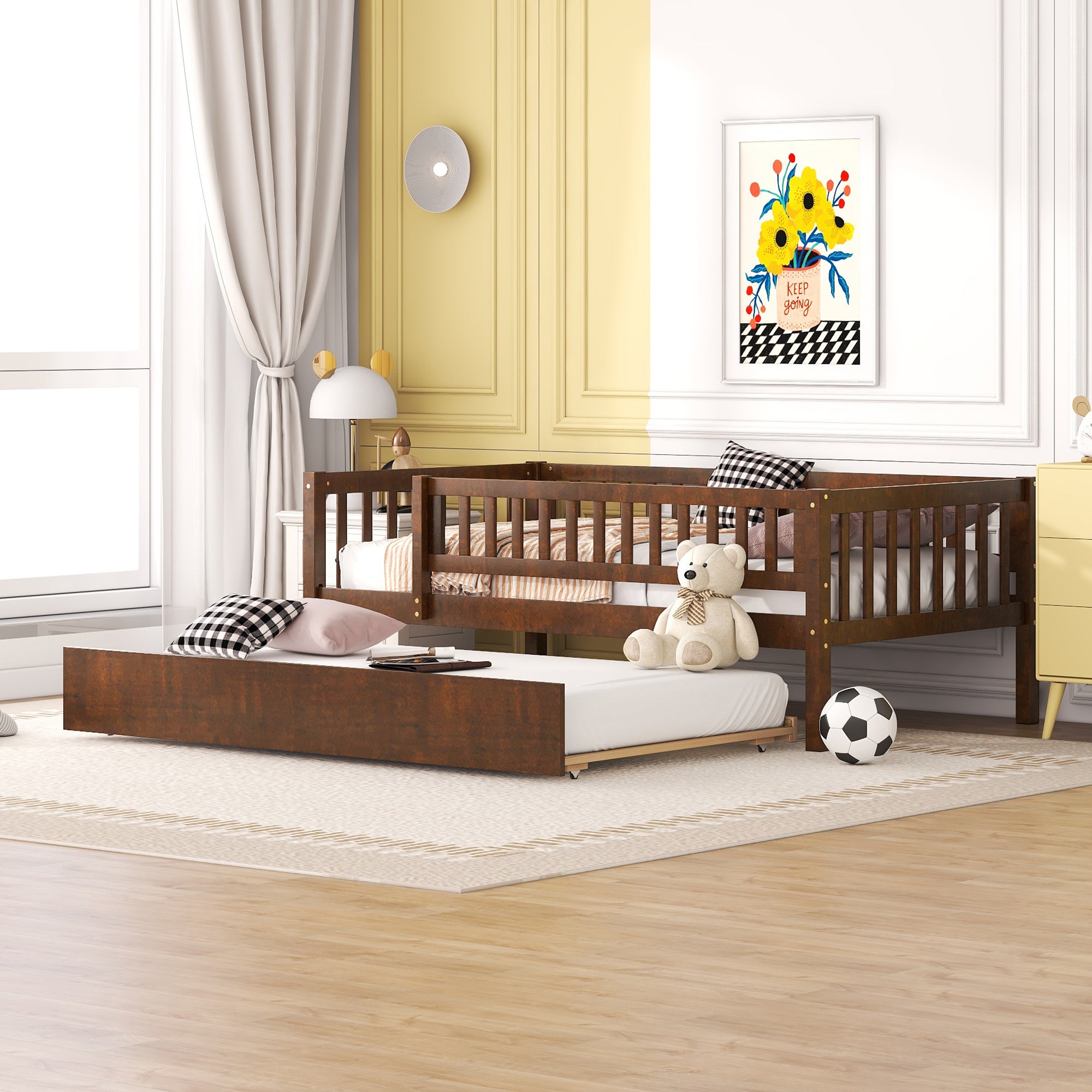 Twin Size Wood Daybed with Trundle and Fence Guardrails, Walnut - Atlantic Fine Furniture Melbourne FL