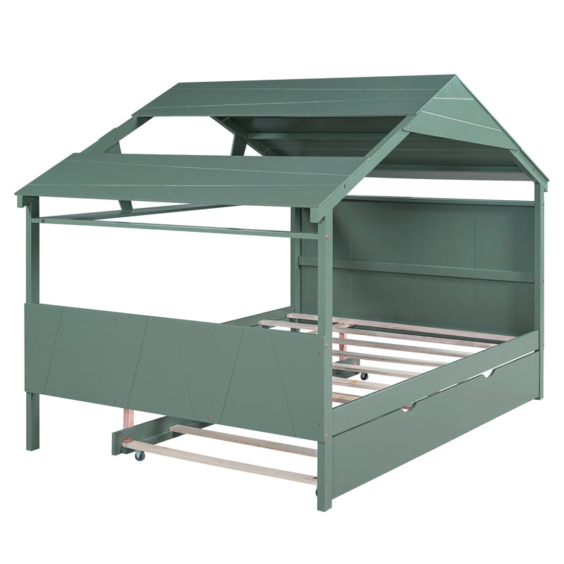 Wood Full Size House Bed with Twin Size Trundle and Storage, Green