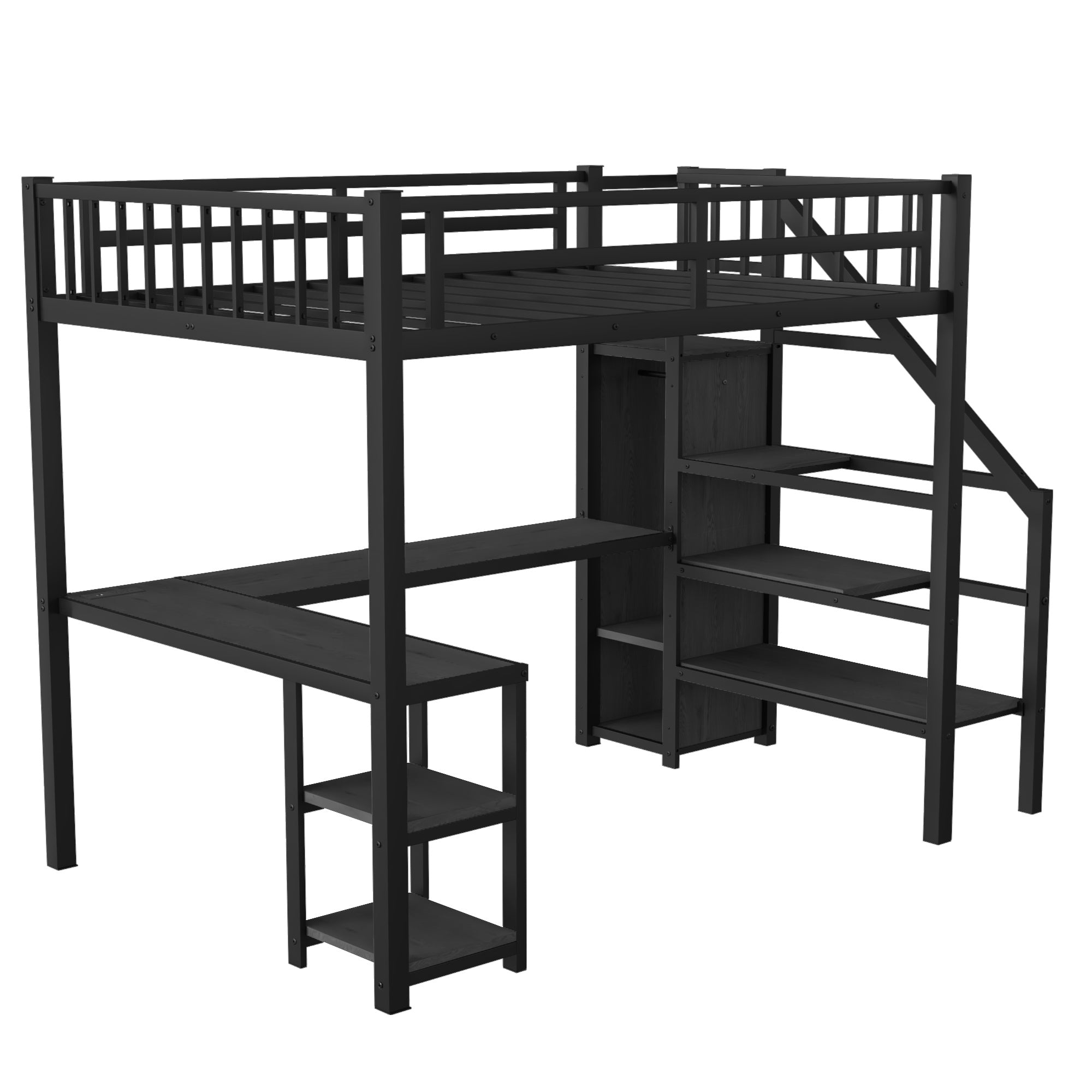 Metal Full Loft Bed with Wardrobe and LED Light, Full Size Loft Bed with L Shaped Desk and USB for Kids Teens Adults, Black (Expect arrival date 2024/5/19)