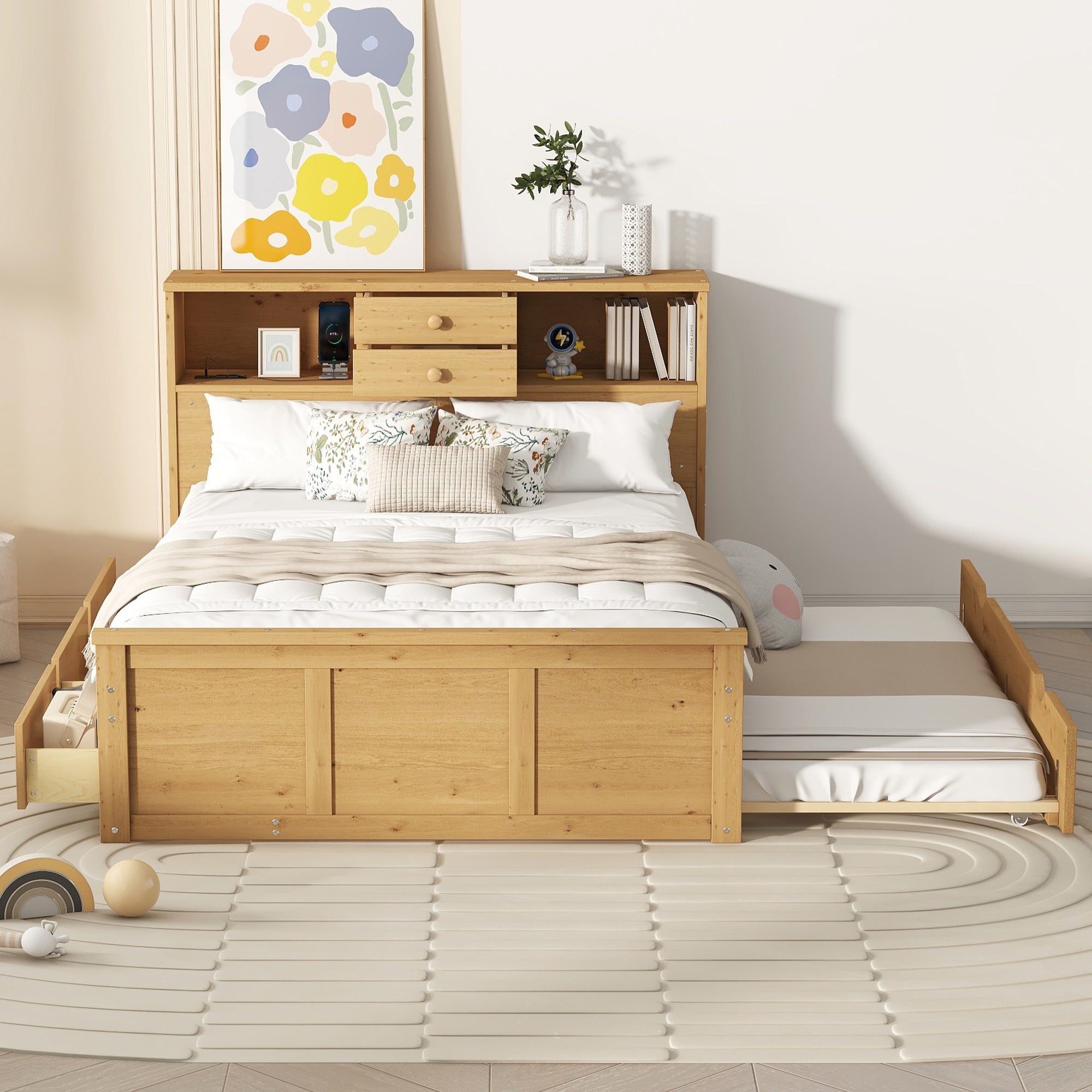 Full Size Wood Pltaform Bed with Twin Size Trundle, 3 Drawers, Upper Shelves and a set of USB Ports & Sockets, Natural - Atlantic Fine Furniture Melbourne FL