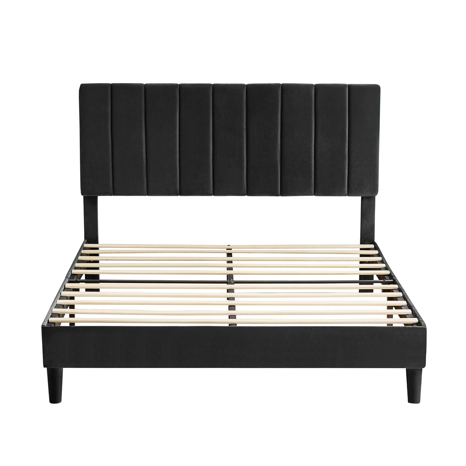 Full Size Frame Platform Bed with Upholstered Headboard and Slat Support, Heavy Duty Mattress Foundation, No Box Spring Required, Easy to Assemble, Black
