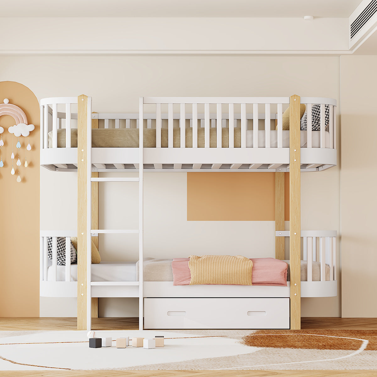 Wood Twin over Twin Bunk Bed with Fence Guardrail and a Big Drawer, White - Atlantic Fine Furniture Melbourne FL