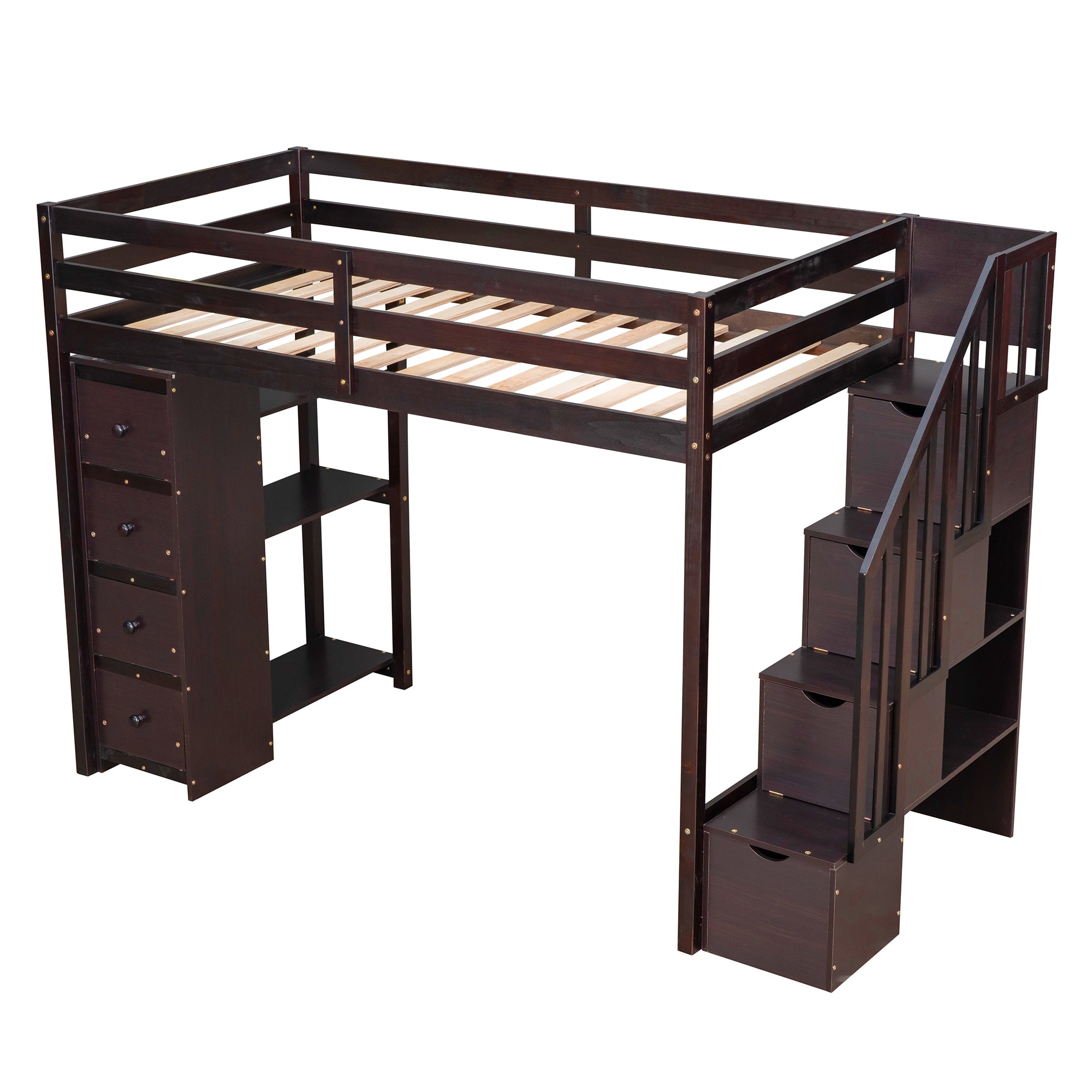 Twin size Loft Bed with Storage Drawers and Stairs, Wooden Loft Bed with Shelves - Espresso - Atlantic Fine Furniture Melbourne FL