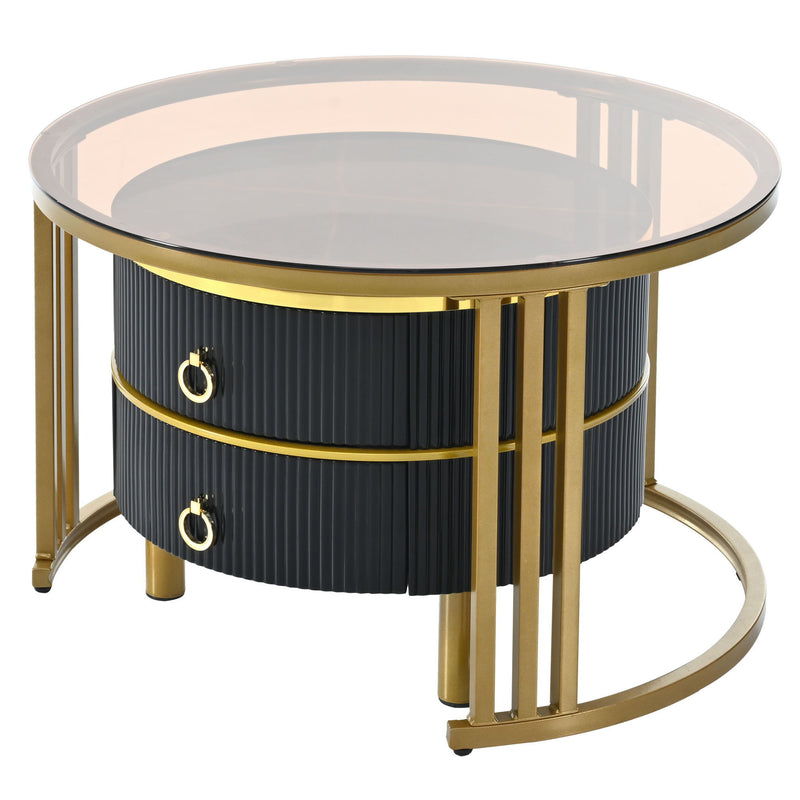 On Trend Stackable Coffee Table With 2 Drawers, Nesting Tables With Brown Tempered Glass And High Gloss Marble Tabletop, (Set of 2) Round Center Table For Living Room, Black
