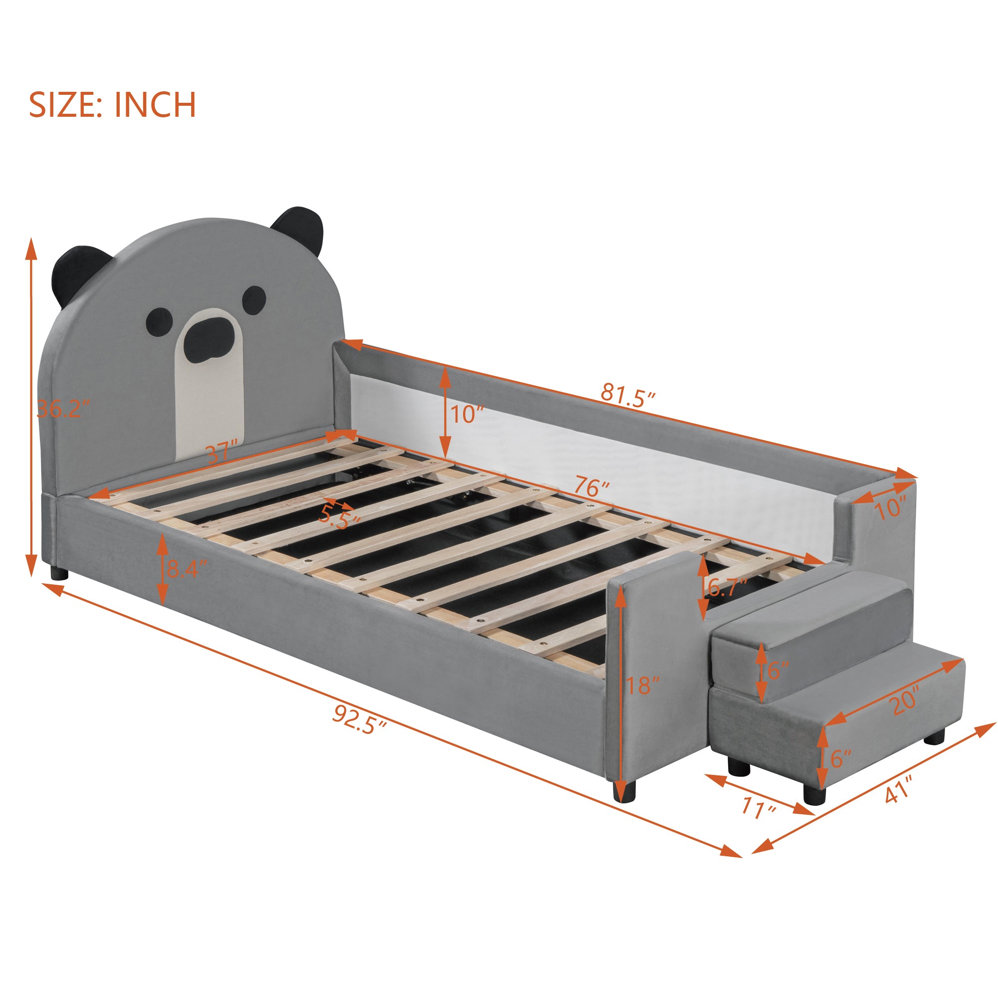 Twin Size Upholstered Daybed with Bear Shaped Headboard, Hydraulic System and Breathable Mesh Fence, Gray - Atlantic Fine Furniture Melbourne FL