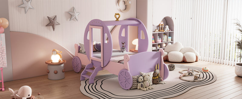 Twin size Princess Carriage Bed with Crown,Wood Platform Car Bed with Stair,Purple+Pink