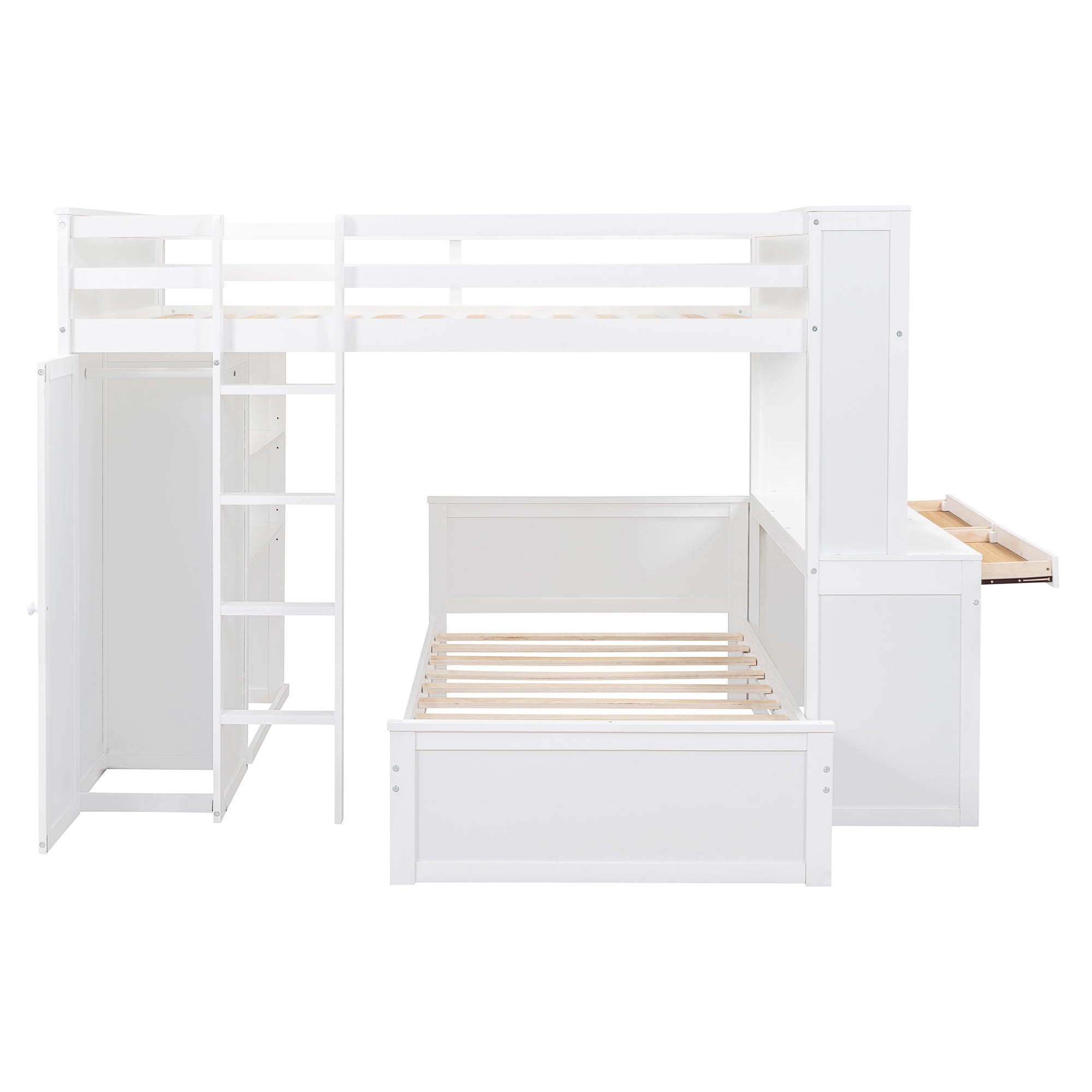 Full size Loft Bed with a twin size Stand-alone bed, Shelves,Desk,and Wardrobe-White