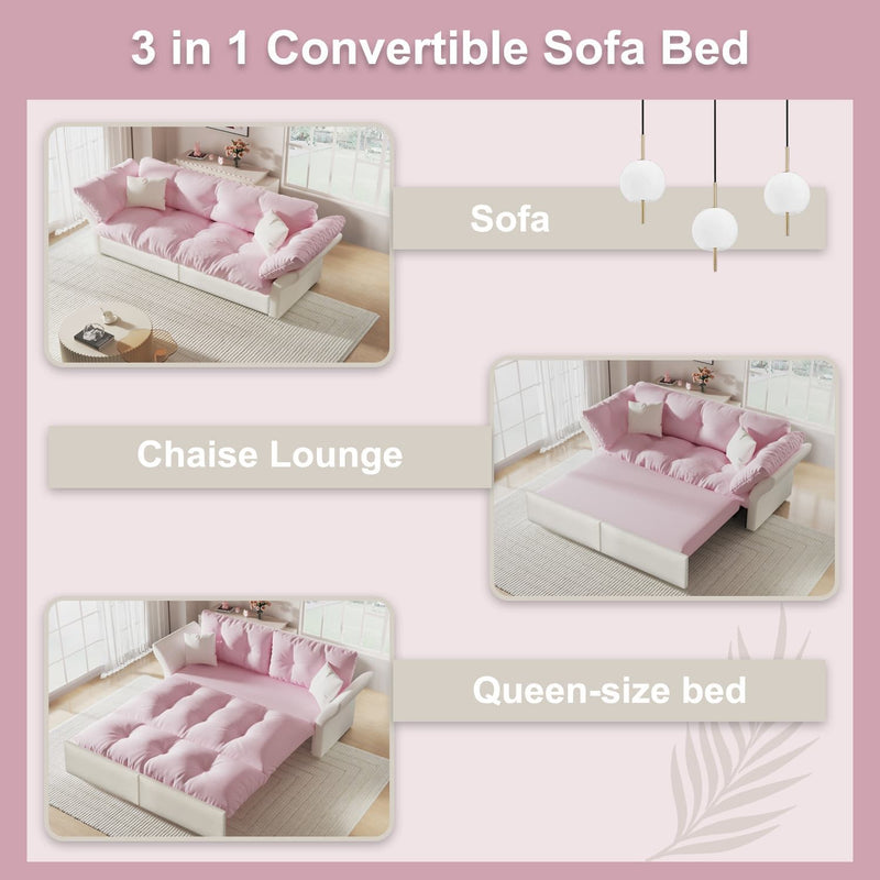 Queen Pull Out Sofa Bed, 3 In 1 Convertible Sleeper Tufted With 2 Soft Pillows