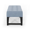 Upholstered Ottoman With Button Tufted Waffle Stitch And Black Geometric Legs - Light Blue