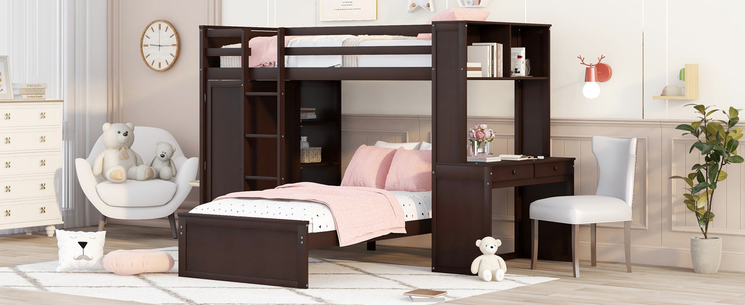 Twin size Loft Bed with a Stand-alone bed, Shelves,Desk,and Wardrobe-Espresso - Atlantic Fine Furniture Melbourne FL
