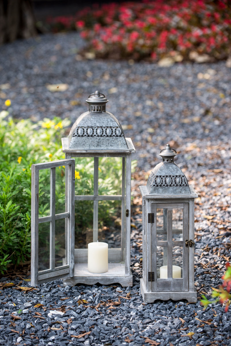 Wooden Candle Lantern Decorative, Hurricane Lantern Holder Decor For Indoor Outdoor, Home Garden Wedding (Set of 2) - Gray