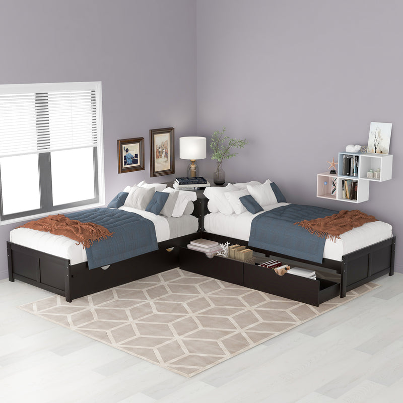 L-shaped Platform Bed with Trundle and Drawers Linked with built-in Desk,Twin,Espresso