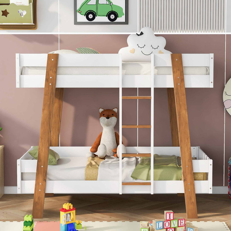 Wood Twin Size Bunk Bed with Built-in Ladder and 4 Wood Color Columns, White