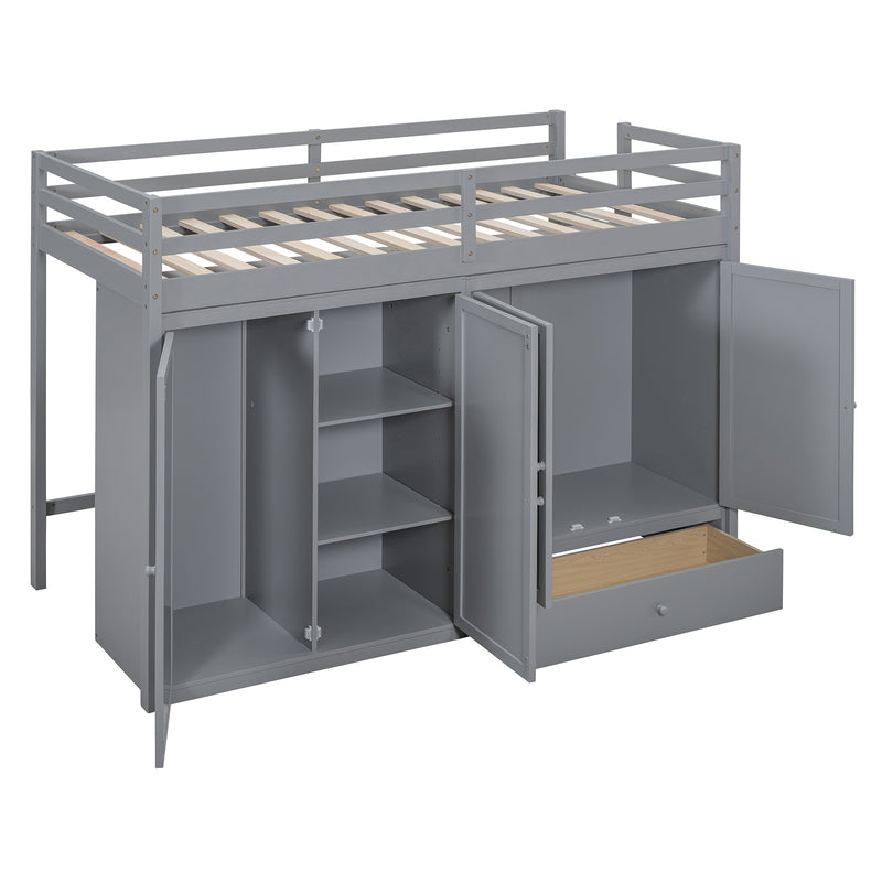 Twin size Loft Bed with Drawer, Two Wardrobes and Mirror, Gray