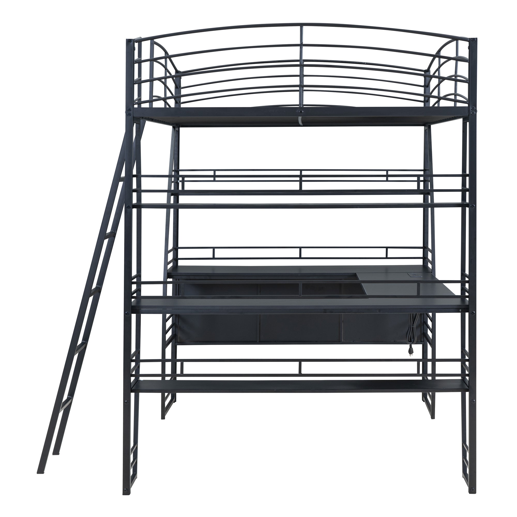 Full Size Loft Bed with 4 Layers of Shelves and L-shaped Desk, Stylish Metal Frame Bed with a set of Sockets, USB Ports and Wireless Charging, Black - Atlantic Fine Furniture Melbourne FL