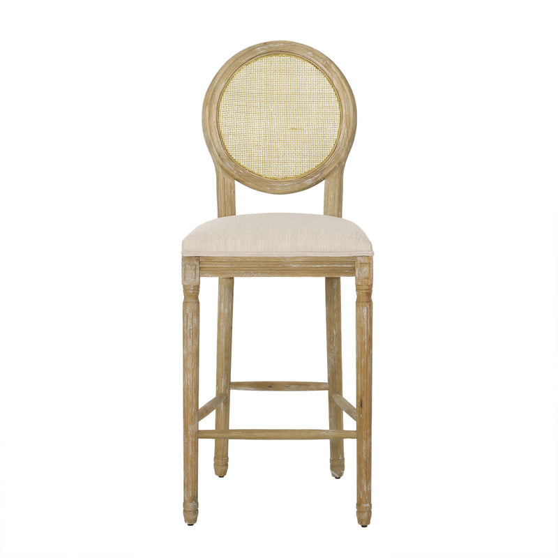 Country Chic Bar Stools (Set of 2) With Rattan Backrest And Upholstered Seat - Beige / Natural
