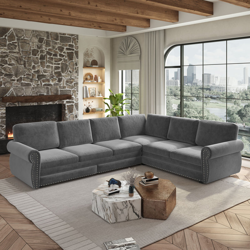 L-Shaped Sofa Couch With Pull Out Bed With Nailhead Trim & Rolled Arm, Sectional Couches, For Living Room - Light Gray