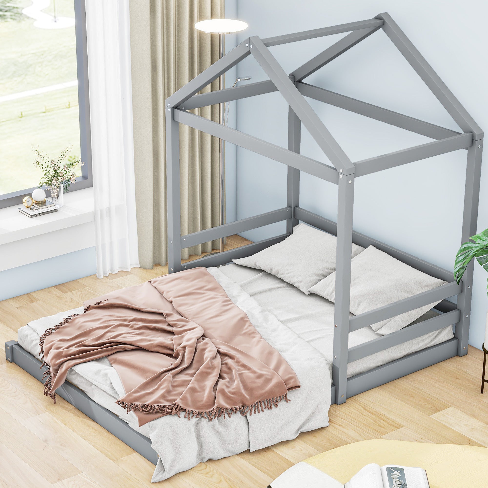 Wood Full Size House Bed with Guardrail, Grey - Atlantic Fine Furniture Melbourne FL