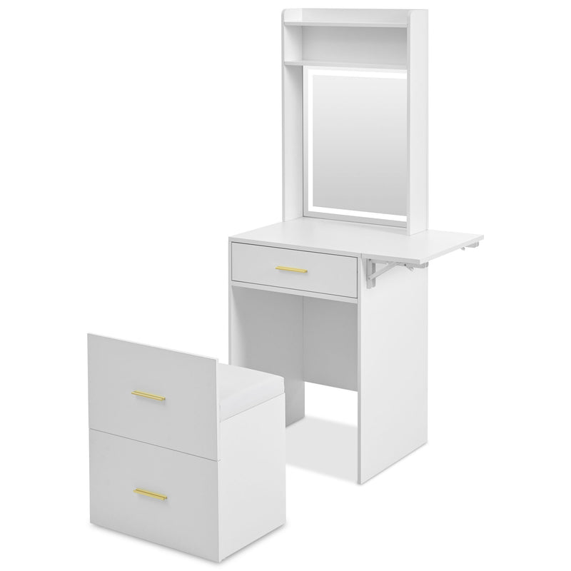 Small Vanity Desk With Mirror And Light, Dressing Table With Charging Station & Fold Up Panel For Small Space, Compact Makeup Vanity Set With Hidden Stool For Bedroom - White
