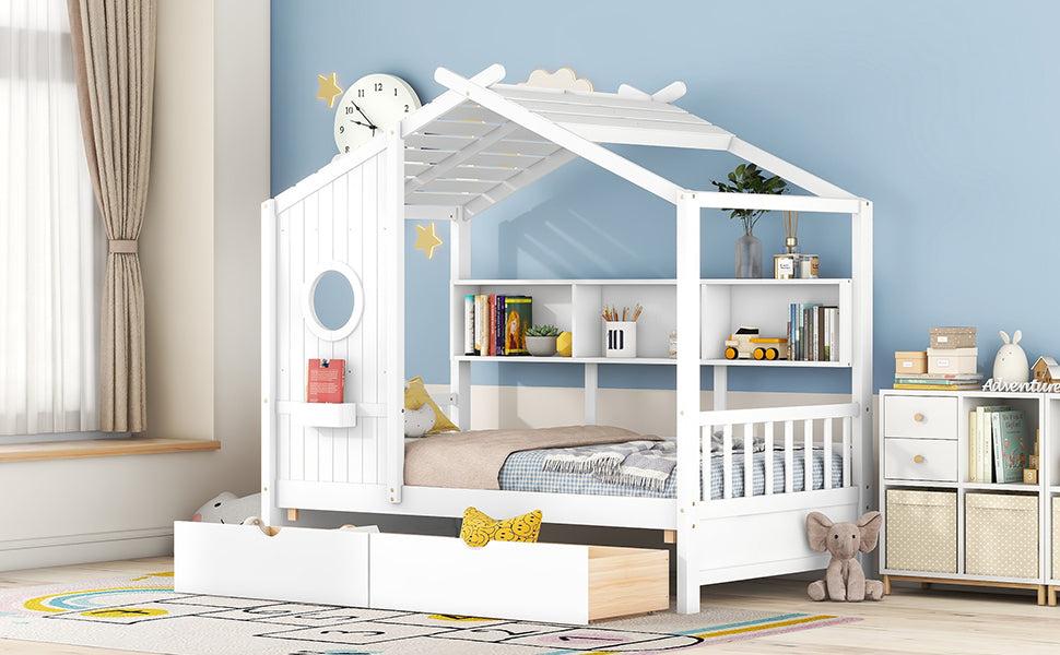 Wooden Twin Size House Bed with 2 Drawers,Kids Bed with Storage Shelf, White - Atlantic Fine Furniture Melbourne FL