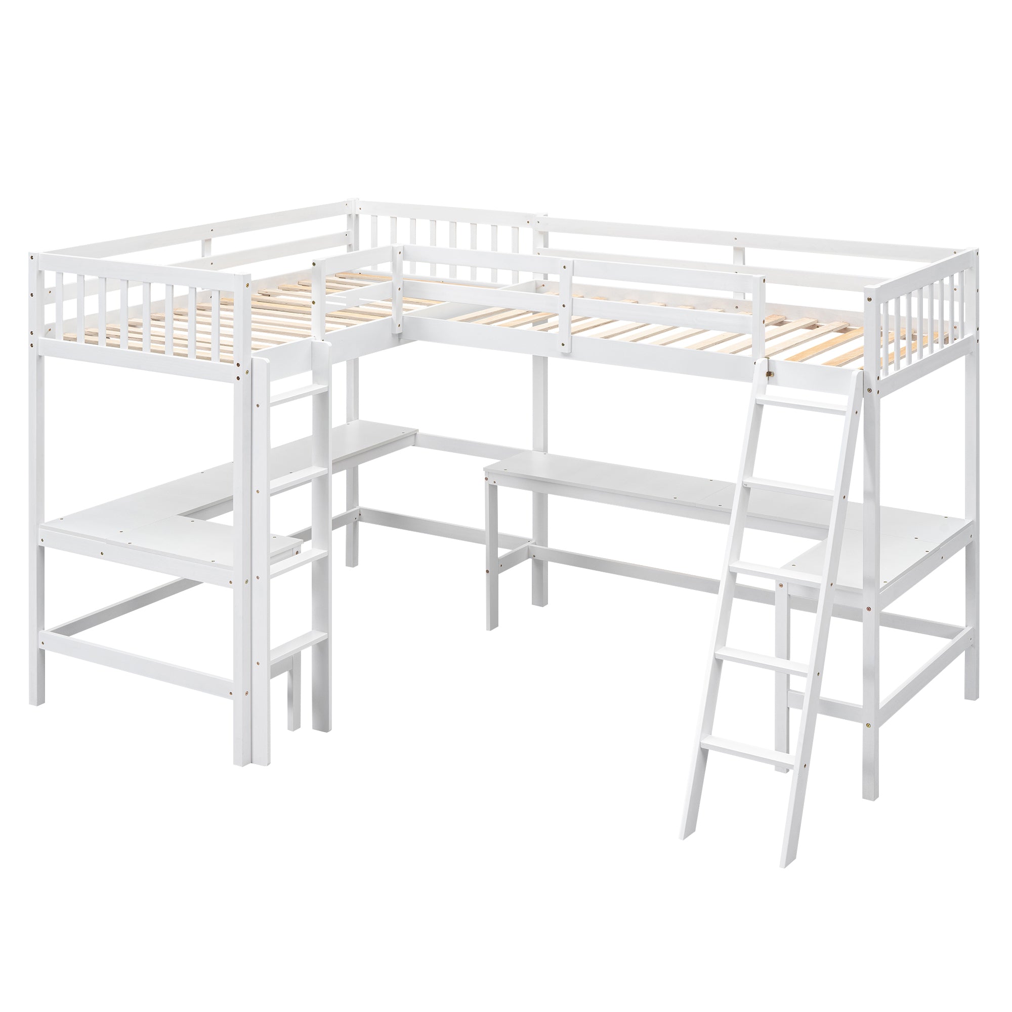 Wood Twin Size L-Shaped Loft Bed with Ladder and 2 Built-in L-Shaped Desks, White - Atlantic Fine Furniture Melbourne FL