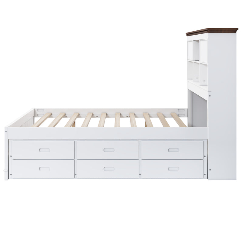 Solid Pine Captain Bookcase Bed with Trundle Bed and 3 Spacious Under Bed Drawers in Casual,Twin, White+Walnut