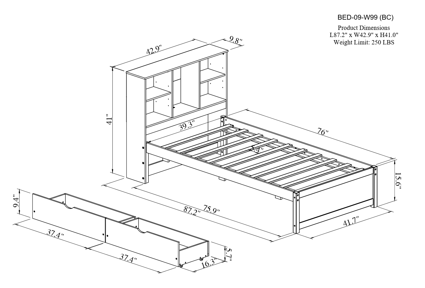 Modern Twin Size Bed Frame With Built-in USB Port on Bookcase Headboard and 2 Drawers for White Washed Color - Atlantic Fine Furniture Melbourne FL