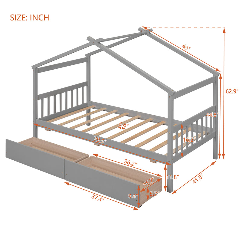 Twin Size Wooden House Bed with Drawers, Gray