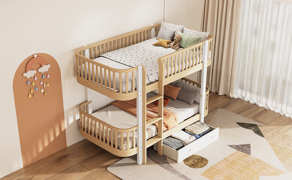 Wood Twin over Twin Bunk Bed with Fence Guardrail and a Big Drawer, Natural White - Atlantic Fine Furniture Melbourne FL