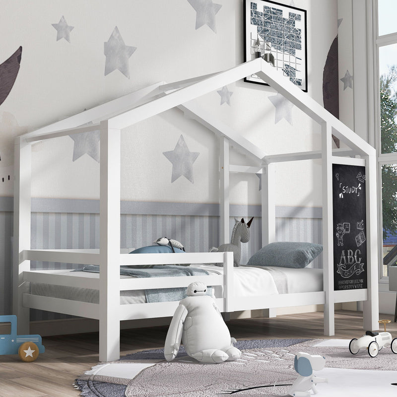 Twin House Bed With Blackboard And Drawers, 2 Assembly Options - White