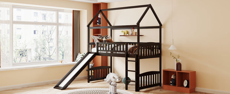 Twin Loft Bed with Slide, House Bed with Slide,Espresso(OLD SKU :LT000212AAP)