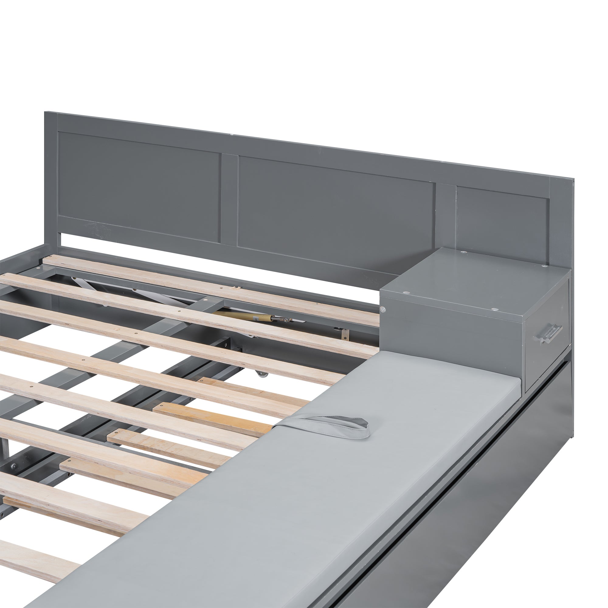 Full Size Wood Storage Hydraulic Platform Bed with Twin Size Trundle, Side Table and Lounge, Gray - Atlantic Fine Furniture Melbourne FL