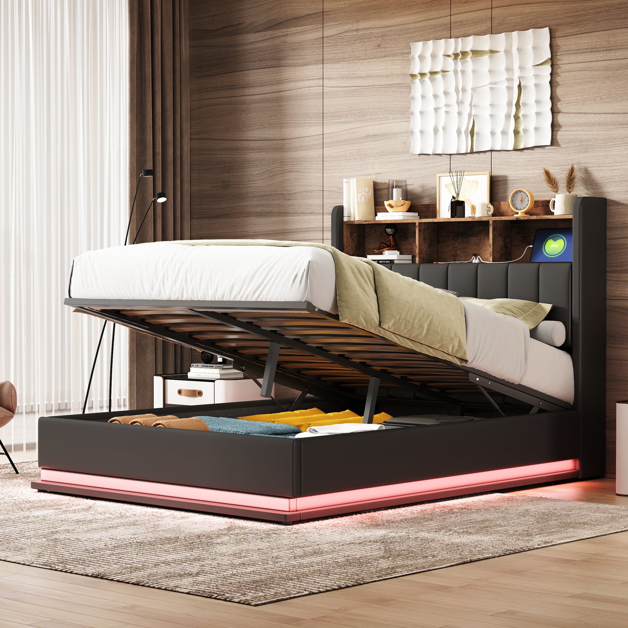 Full Size  Upholstered Platform Bed with Storage Headboard and Hydraulic Storage System, PU Storage Bed with LED Lights and USB charger, Black - Atlantic Fine Furniture Melbourne FL