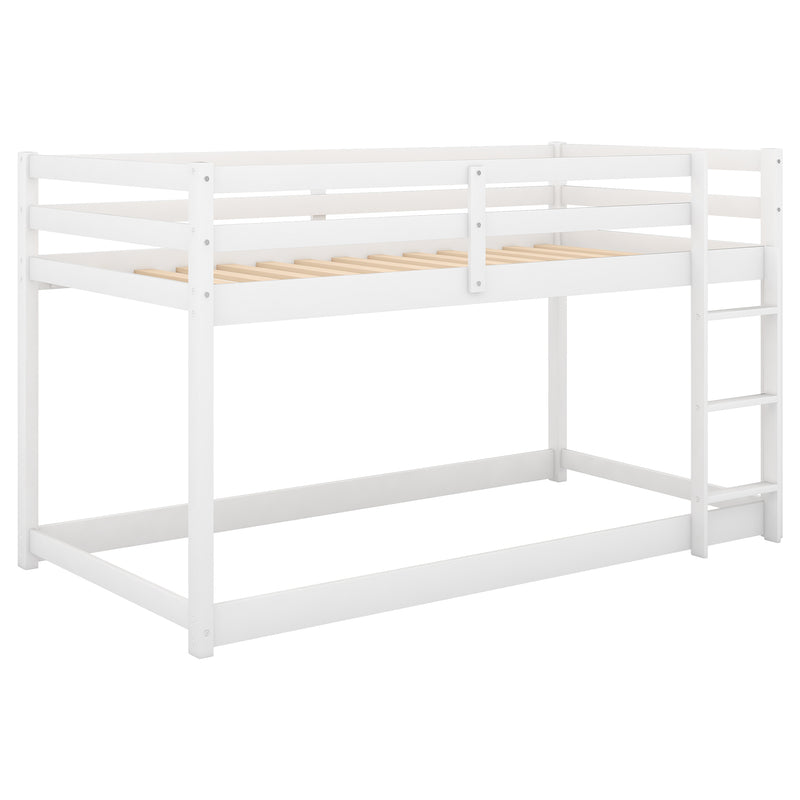 Twin over Twin Floor Bunk Bed with Ladder , White(Old SKU:WF281727AAK/WF286602AAK)