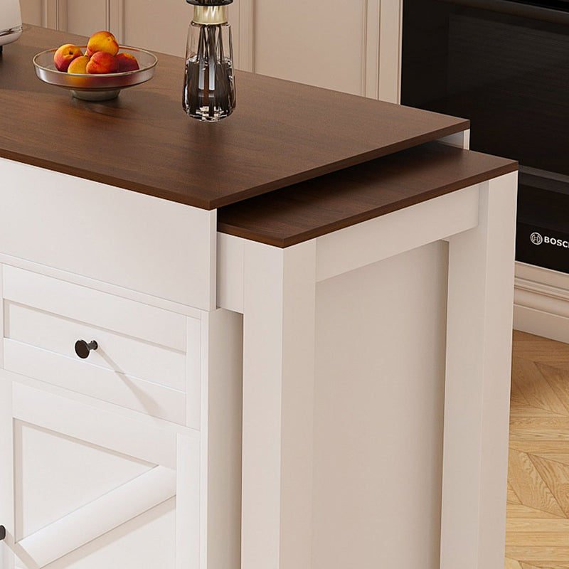 Modern Kitchen Island With Extendable Dining Table & Power Outlet - White