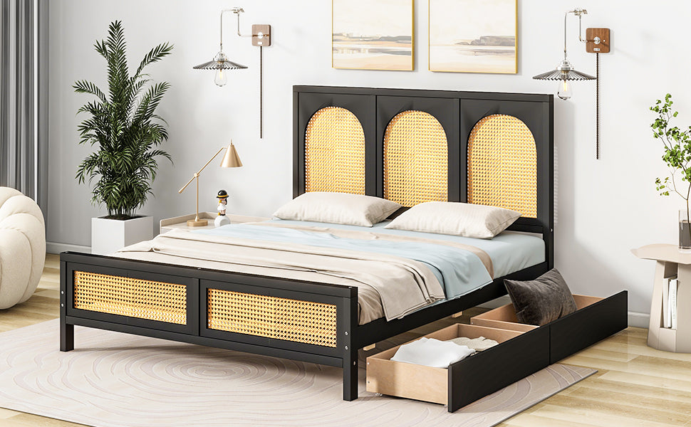 Full Size Wood Storage Platform Bed with 2 Drawers, Rattan Headboard and Footboard, Black - Atlantic Fine Furniture Melbourne FL