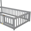 Twin House-Shaped Headboard Floor Bed with Fence,Grey