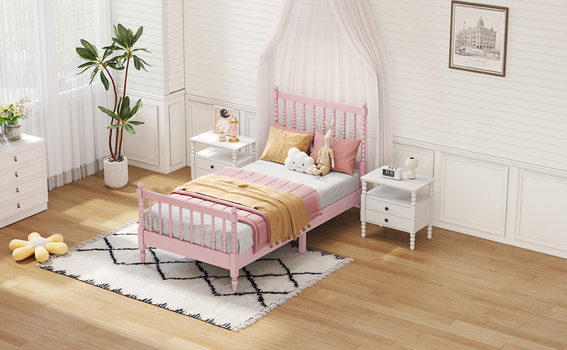 Twin Size Wood Platform Bed with Gourd Shaped Headboard and Footboard, Pink