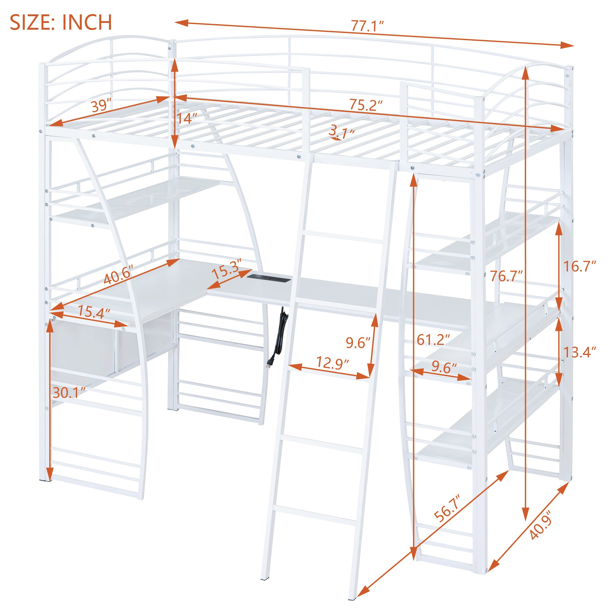Twin Size Loft Bed with 4 Layers of Shelves and L-shaped Desk, Stylish Metal Frame Bed with a set of Sockets, USB Ports and and Wireless Charging, White - Atlantic Fine Furniture Melbourne FL