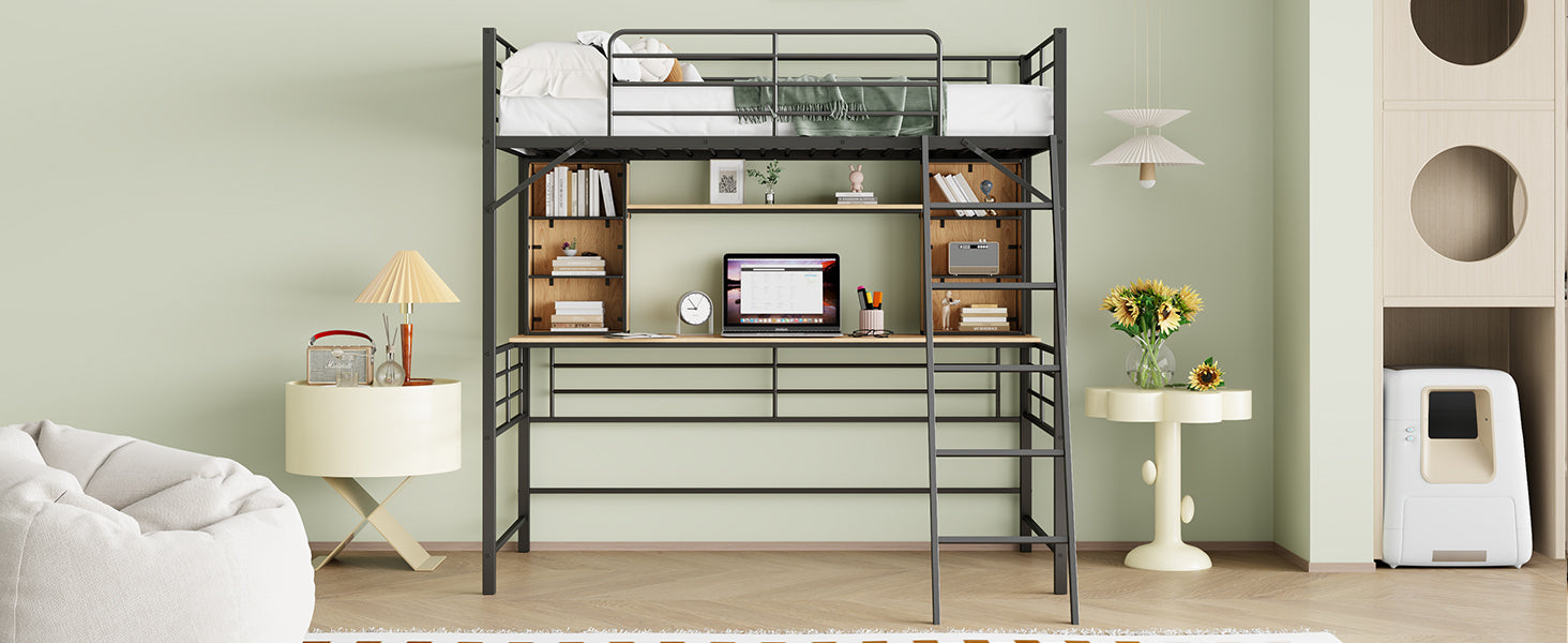 Twin Size Loft Bed with Desk and Shelf , Loft Bed with Ladder,Twin,Black - Atlantic Fine Furniture Melbourne FL