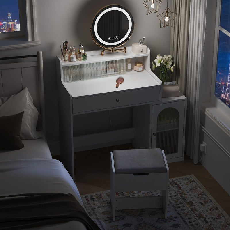 White Vanity Desk With 360° Rotated Mirror And Adjustable Lights, Girls Makeup Vanity Table With Storage Chair And Side Cabinet - Antique White