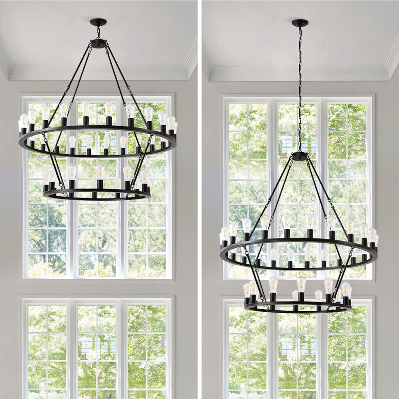 Extra Large Wagon Wheel Chandelier, 2 Tier 36 Lights (No Include) Farmhouse Industrial Round High Ceiling Pendant Light Adjustable Chain, For Dining Room, Living Room, Kitchen - Black