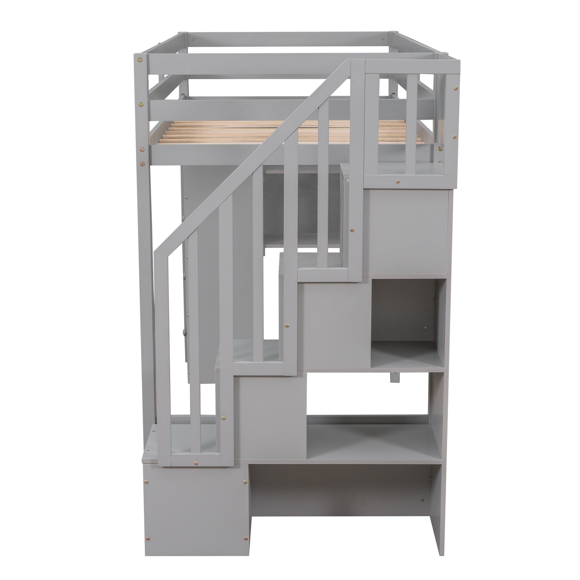 Twin size Loft Bed with Storage Drawers and Stairs, Wooden Loft Bed with Shelves - Gray - Atlantic Fine Furniture Melbourne FL